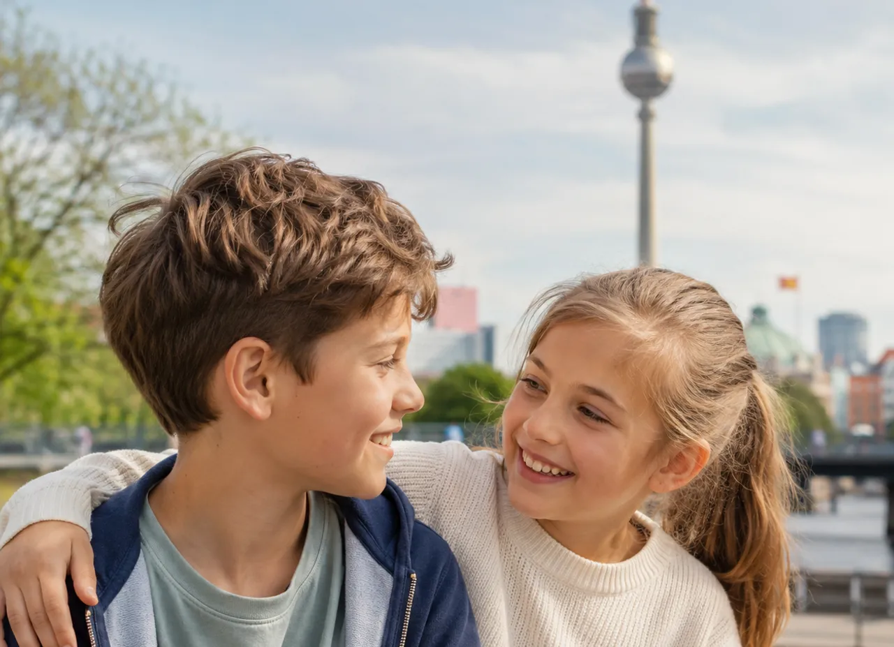 Bruder und Schwester lachen sich an – Geschwistertest in Berlin, Fernsehturm im Hintergrund