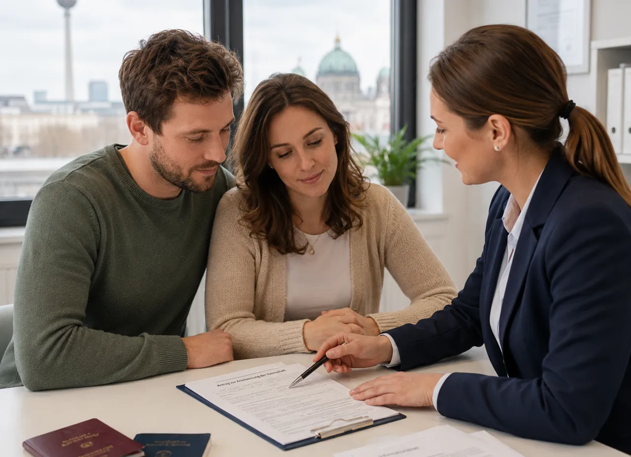 Paar lässt sich in Berlin zum Vaterschaftstest beraten – Auftrag und Ausweisdokumente auf dem Tisch