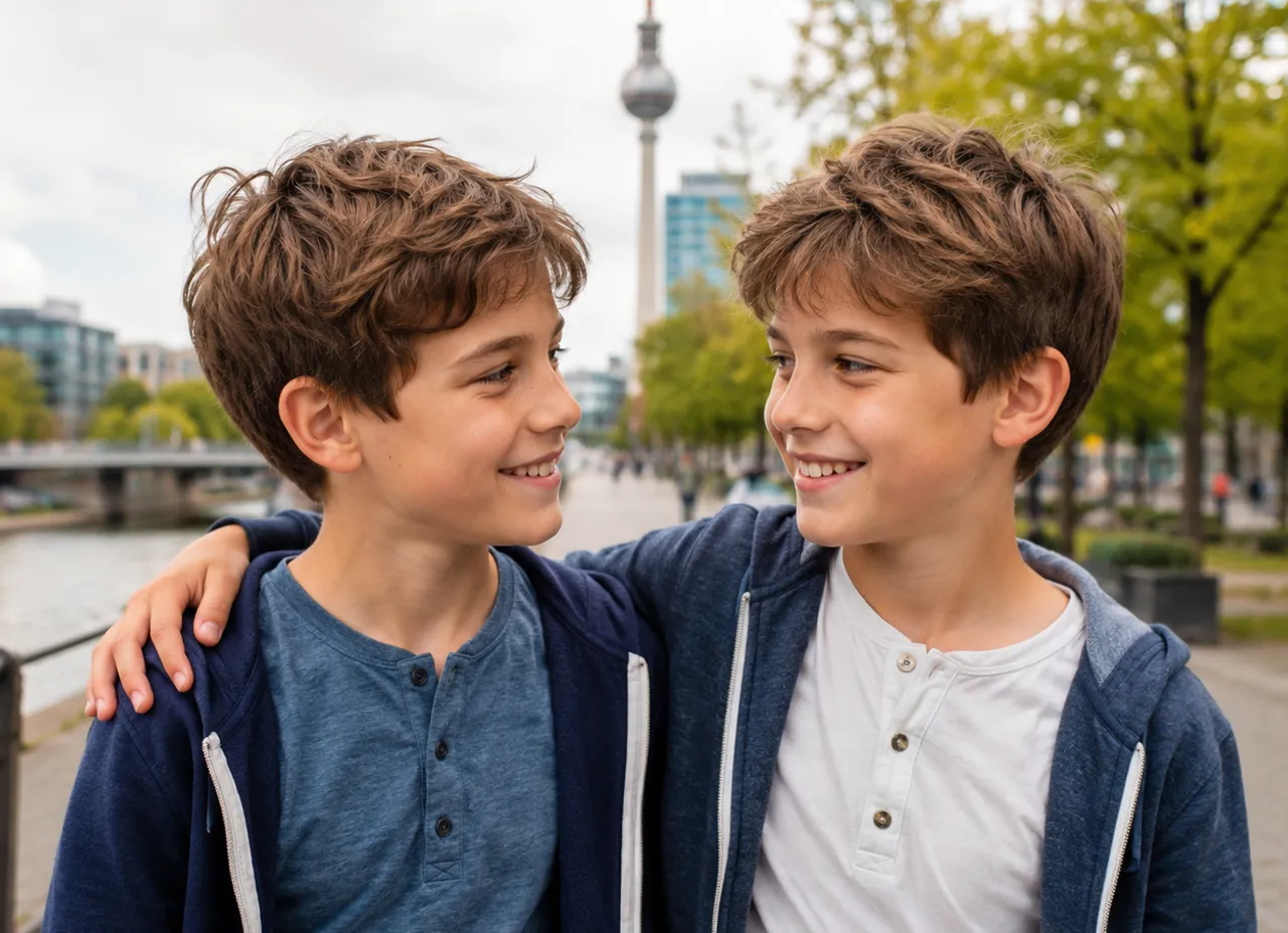 Zwei Jungen Arm in Arm vor der Berliner Skyline – Zwillingstest in Berlin