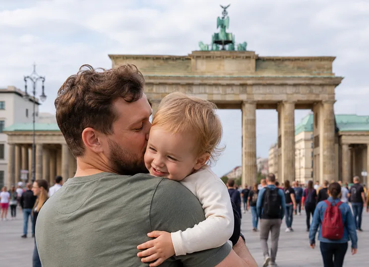 Vater küsst sein Kind vor dem Brandenburger Tor – Vaterschaftstest in Berlin